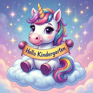 一隻微笑的彩虹鬃毛獨角獸在星空下的雲上舉著「你好，幼稚園」橫幅。