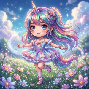 一個彩虹髮獨角獸女孩穿著閃亮裙子在星空下發光的花朵中跳舞。 — Huawei nova Flip S 壁紙