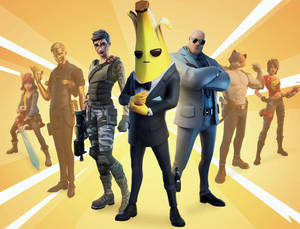 Fortnite 角色，包括一隻穿著西裝的香蕉，自信地擺姿勢。