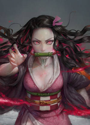 動漫女戰士，紅眼睛，竹劍，被紅色能量包圍。