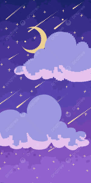 紫色雲朵後方帶有新月和流星的像素化夜空。
