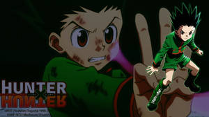 來自《Hunter x Hunter》的動漫角色小岡站在一隻巨手上，背後是他臉部的特寫。