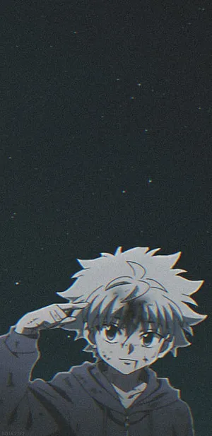 動漫男孩穿連帽衫在繁星夜空下敬禮,顆粒紋理。