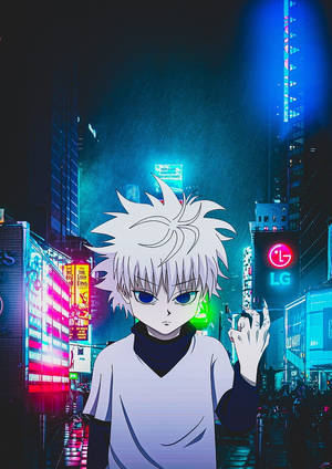 動畫男孩在夜晚雨中的霓虹城市，發光招牌和濕潤的人行道。 — 動畫手機GIF 壁紙