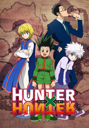四個動漫角色在一張帶有「Hunter x Hunter」標題的地圖前擺姿勢。 — 圖像 GIF 壁紙