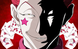 動漫小丑角色，臉頰上有粉紅色星星，周圍有撲克牌。 — Hisoka GIF 壁紙