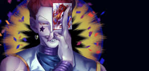 動漫角色手持一張沾血的牌，身後有紙屑和燦爛的爆發。 — Hisoka GIF 壁紙