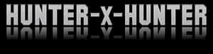 Hunter x Hunter標誌以銀色3D文字呈現，在黑色背景上帶有反射效果。