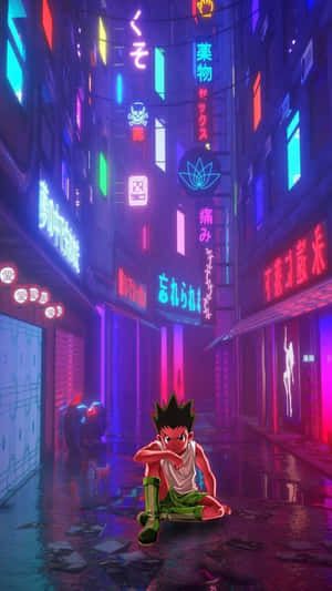 動畫男孩坐在霓虹燈照亮的雨中小巷，伴隨著發光的招牌。 — 獵人 壁紙