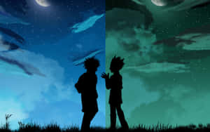兩個動漫人物並排企喺一個分為藍色同綠色半邊嘅星空夜空下。