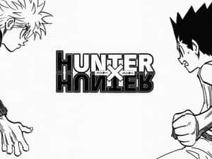 《Hunter x Hunter》動畫標誌，以黑白線條藝術呈現兩個角色。