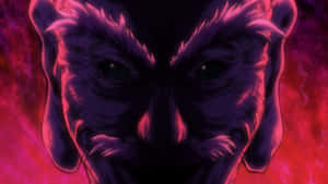 特寫一個帶有發光眼睛和尖牙的惡魔動漫面孔。