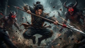 戰士在混亂的戰鬥場景中與惡魔生物戰鬥。