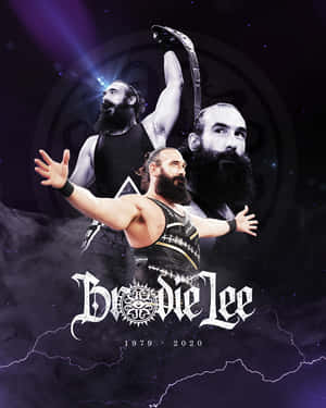 向摔角手 Brodie Lee 致敬的圖形，顯示三個姿勢，背景是宇宙紫色和閃電。 — 安卓 壁紙