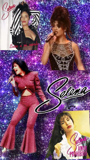 Selena Quintanilla 穿著華麗服裝的拼貼畫，背景是閃爍的紫色。