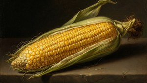 一條外皮部分剝開的玉米放在石面上。