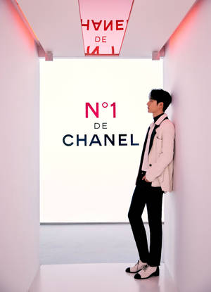 身穿粉紅色西裝外套的男子靠在 Chanel 走廊的白色牆上。 — 八重神子 壁紙