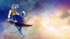 銀發動漫戰士在星空空間中跳躍，手持發光的劍。