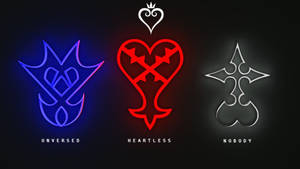 三個發光的鍵刃符號，標記為 Unversed、Heartless 和 Nobody。