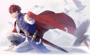 紅髮動漫戰士披著斗篷跪在雪地上，鳥兒飛舞。