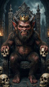 一個帶有角和皇冠的惡魔王坐在王座上，手持頭骨。 — 貓頭鷹之家 壁紙