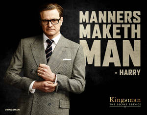 穿著灰色西裝和眼鏡的男士，帶有來自《皇家特工》的文字「Manners Maketh Man - Harry」。 — 電影 壁紙