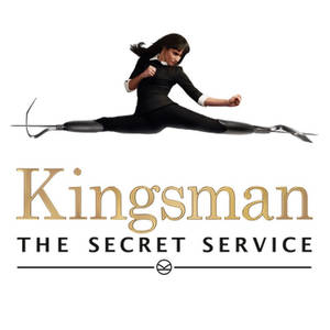 一名身穿黑色西裝的女性特工在Kingsman標誌上方以機械腿做出劈腿動作。