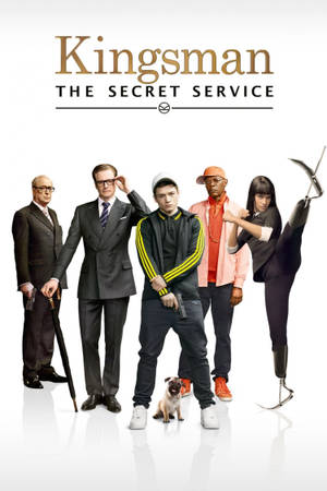 六位 Kingsman 特務穿著時尚服裝，與一隻八哥犬一起為電影海報擺姿勢。 — Huawei MatePad 12 X (2025) 壁紙