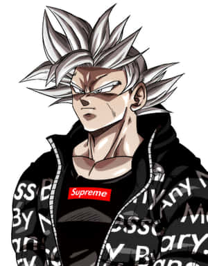動漫戰士擁有尖刺銀色頭髮，身穿帶有塗鴉文字的黑色 Supreme 連帽衛衣。