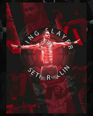 摔角手 Seth Rollins 在紅光籠罩的擂台上張開雙臂，周圍有文字。