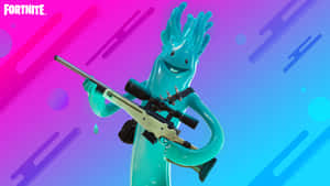 青綠色Fortnite角色在彩色漸變背景上手持狙擊步槍。