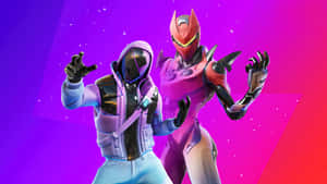 兩個穿著發光未來裝備的 Fortnite 角色在星空紫色和粉紅色漸變前擺姿勢。