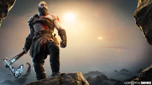 God of War 戰士在山頂手持發光斧頭迎接日出