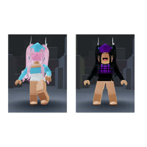 兩個 Roblox 頭像，擁有色彩繽紛的頭髮和頭飾，在黑暗的城市場景中。