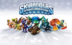 六個Skylanders遊戲角色排成一列站在白色表面上，帶有元素符號。