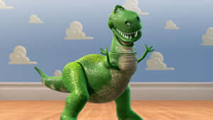 綠色動畫T-rex玩具站在木地板上，背景是天空和雲。