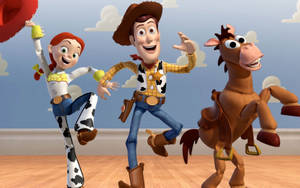Woody Jessie 和 Bullseye 在卡通房間裡開心地跳舞。