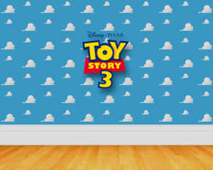 藍天白雲牆紙上，木地板，Toy Story 3 標誌。