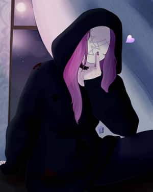 紫髮動漫女孩穿著黑色連帽衫在窗邊將手指放在嘴唇上，附近有發光的心。