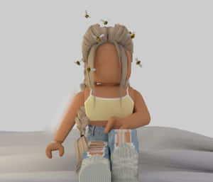 Roblox 角色坐著時蜜蜂在她頭周圍飛舞。