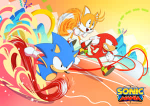 Sonic Tails 和 Knuckles 在色彩繽紛的抽象背景中帶着運動軌跡和星爆效果競速。
