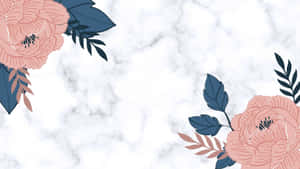 白色大理石背景上的粉紅牡丹和海軍藍葉子。