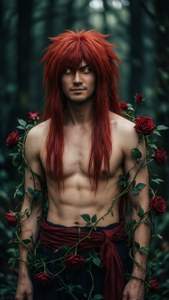 一個紅髮男人在黑暗森林中被紅玫瑰包圍，眼睛發光。 — 幽遊白書 GIF 壁紙
