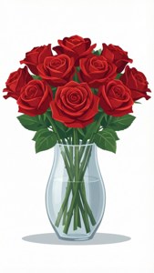 一個透明玻璃花瓶，裝滿紅玫瑰和綠葉，放在白色表面上。