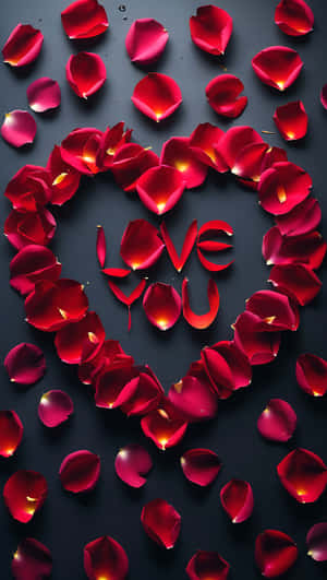 紅玫瑰花瓣排列成心形，裡面有love you字樣 — 愛心 壁紙