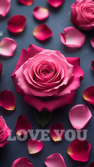 深色表面上散落花瓣的粉紅玫瑰，帶有love you文字
