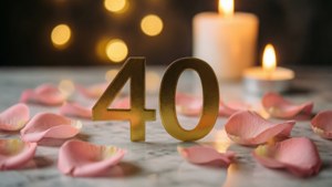 金色數字40被粉紅玫瑰花瓣和點燃的蠟燭環繞在大理石上。