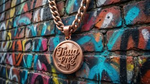 玫瑰金 'Thug Life' 吊墜項鍊在塗鴉磚牆上。