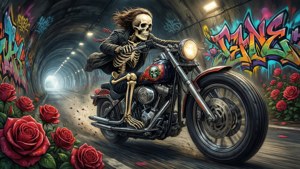 骷髏騎士在塗鴉隧道中騎摩托車，伴隨著紅玫瑰