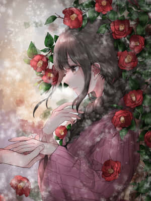 動漫女孩，編織的頭髮和紅色山茶花，在雪白的冬季場景中。 — 粉紅動漫美學 壁紙